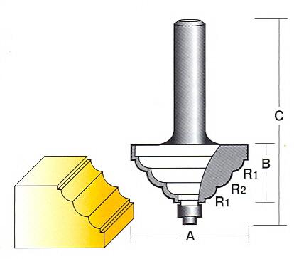 Bit, Router, Edge Forming, Triple Cove, with Bearing, TCT, Dual Flute